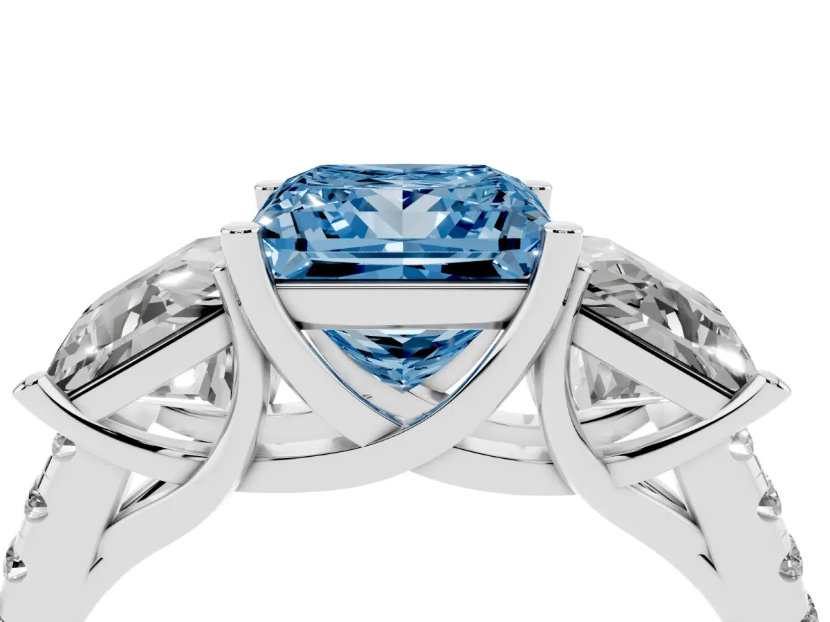 Fancy Blue Three-Stone Princess Cut Diamond Ring with Round Pavé Band and Prong Setting Silver