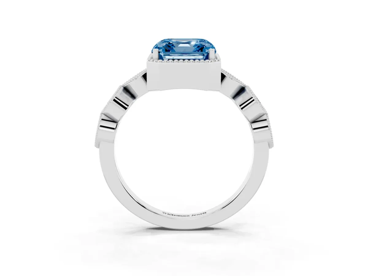 Fancy Blue Asscher Cut Diamond Vintage Milgrain Ring with Round Stations Silver