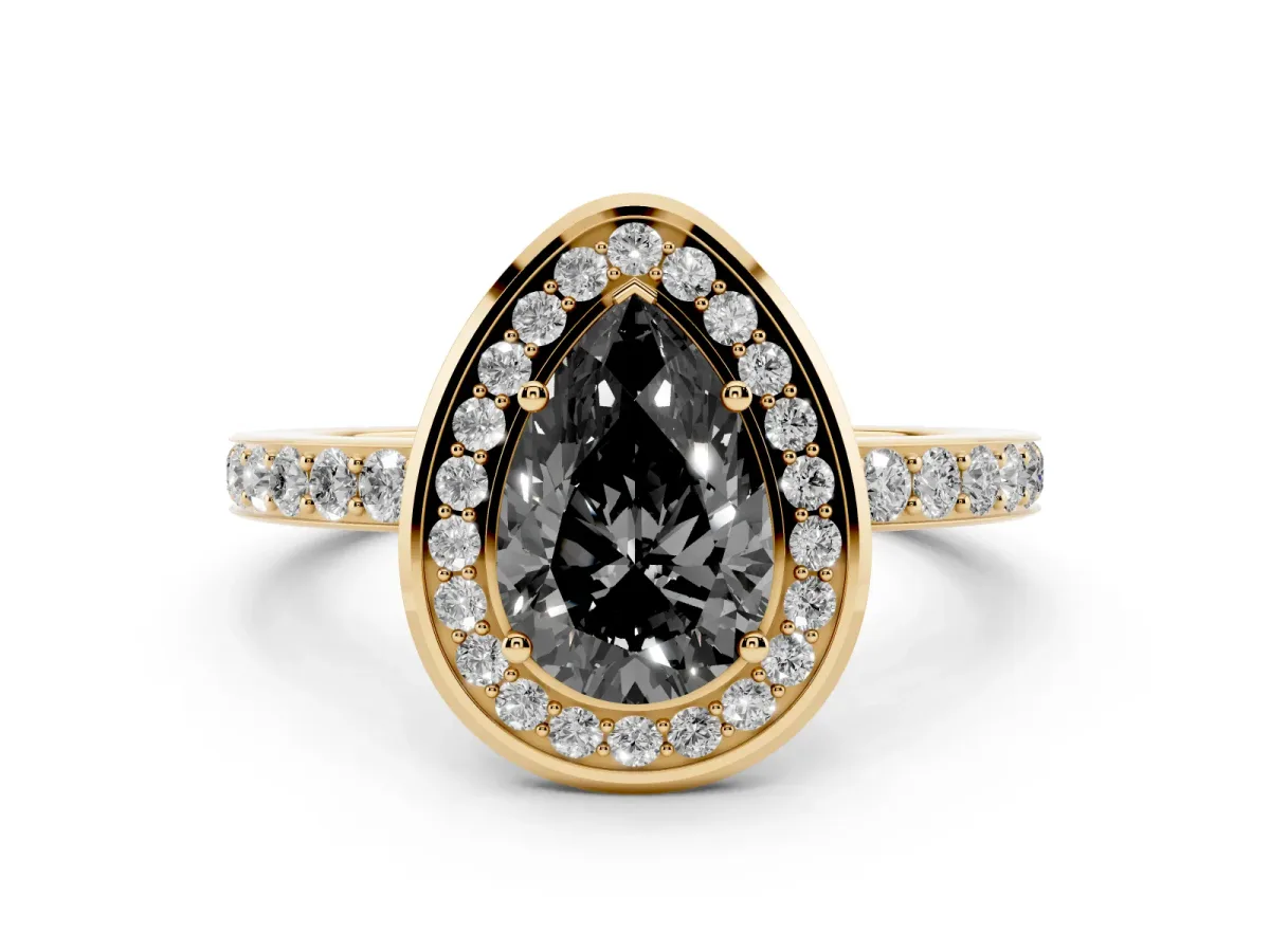 Fancy Black Pear Cut Diamond Halo Ring with Bezel Frame and Pavé Band Yellow gold