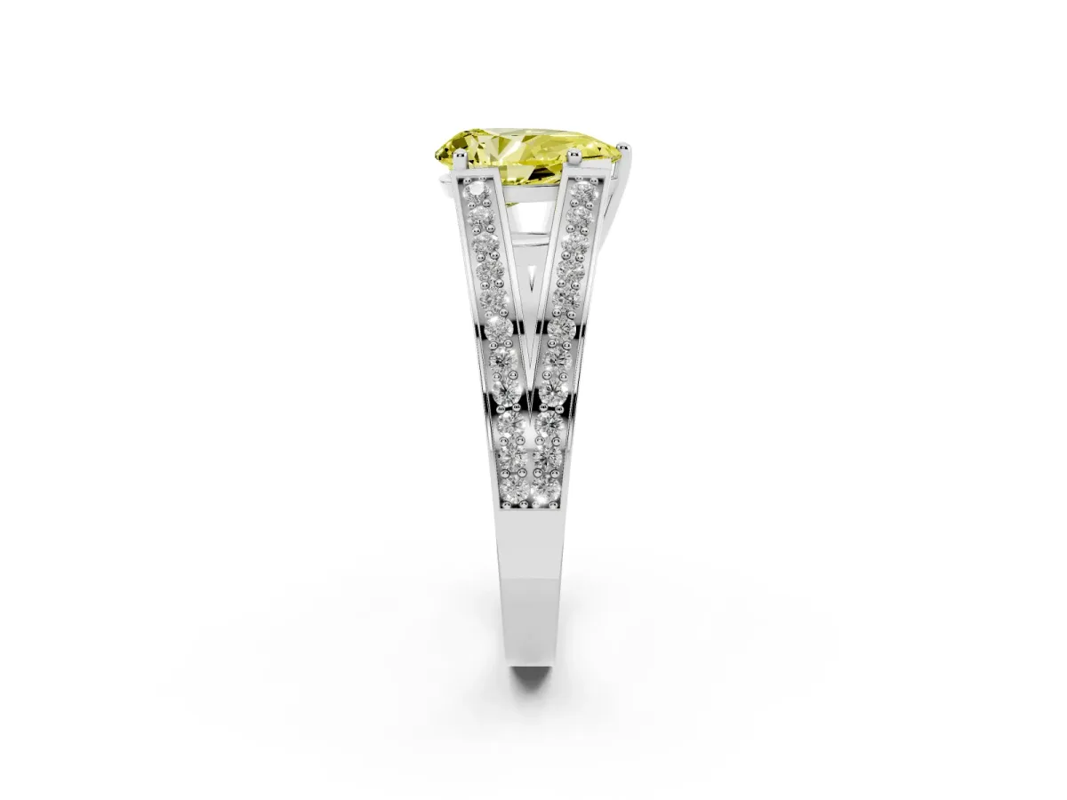 Fancy Yellow Pear Cut Diamond Split Shank Ring with Pavé Band and Four-Prong Setting Silver