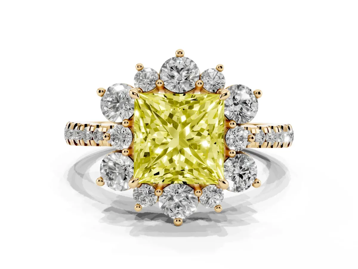 Fancy Yellow Princess Cut Diamond Floral Halo Ring with Round Pavé Band and Prong Setting Yellow gold