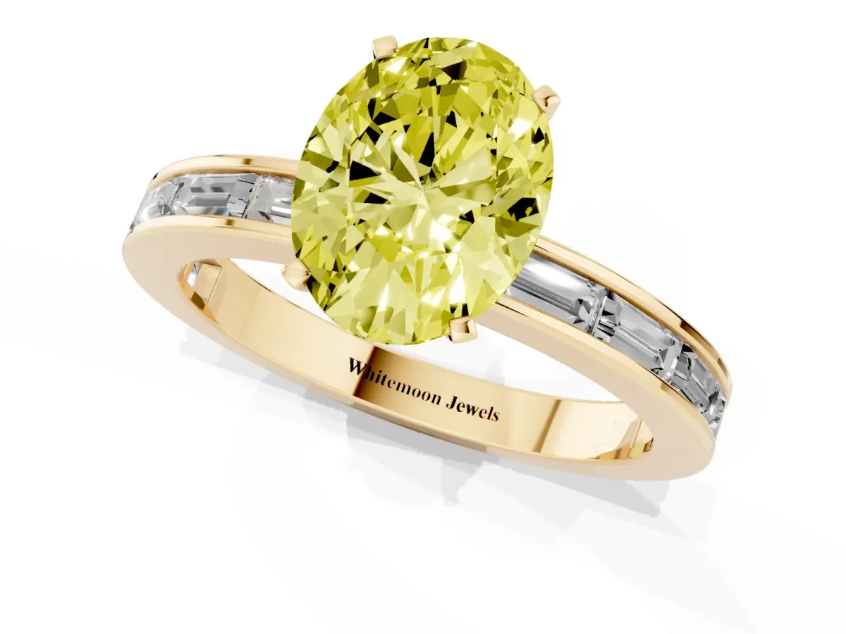 Fancy Yellow Oval Cut Solitaire Diamond Ring with Channel-Set Baguette Band and Four-Prong Setting Yellow gold