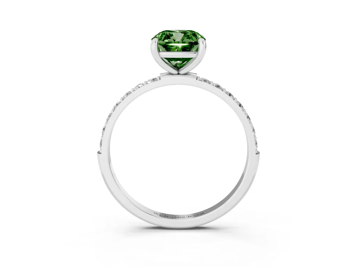 Fancy Green Cushion Cut Diamond Solitaire Ring with Round Pavé Band and Prong Setting Silver
