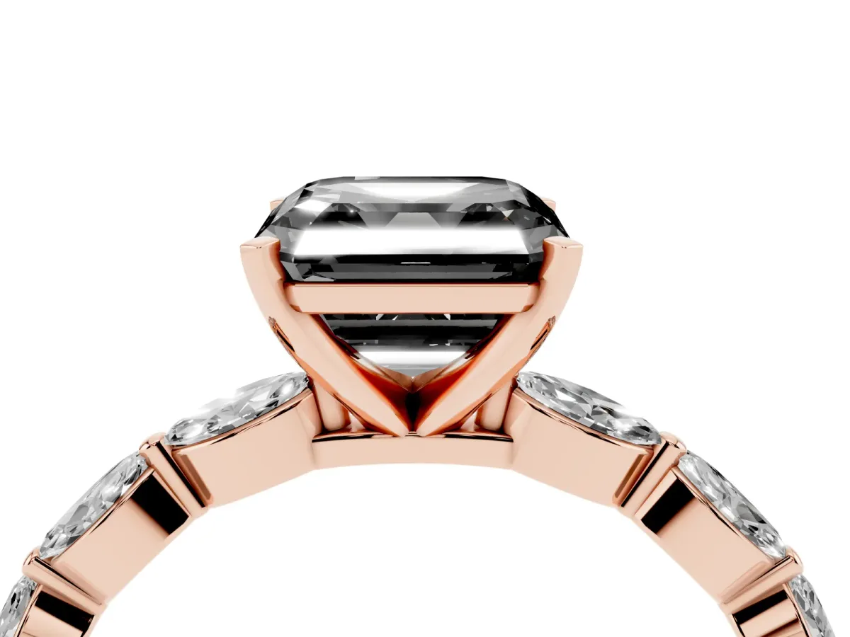Fancy Black Asscher Cut Diamond Ring with Marquise Side Stones and Prong Setting Rose gold