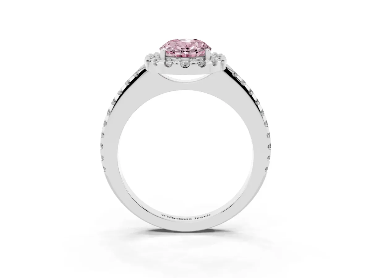 Fancy Pink Oval Cut Diamond Pavé Halo Ring with Four-Prong Setting Silver