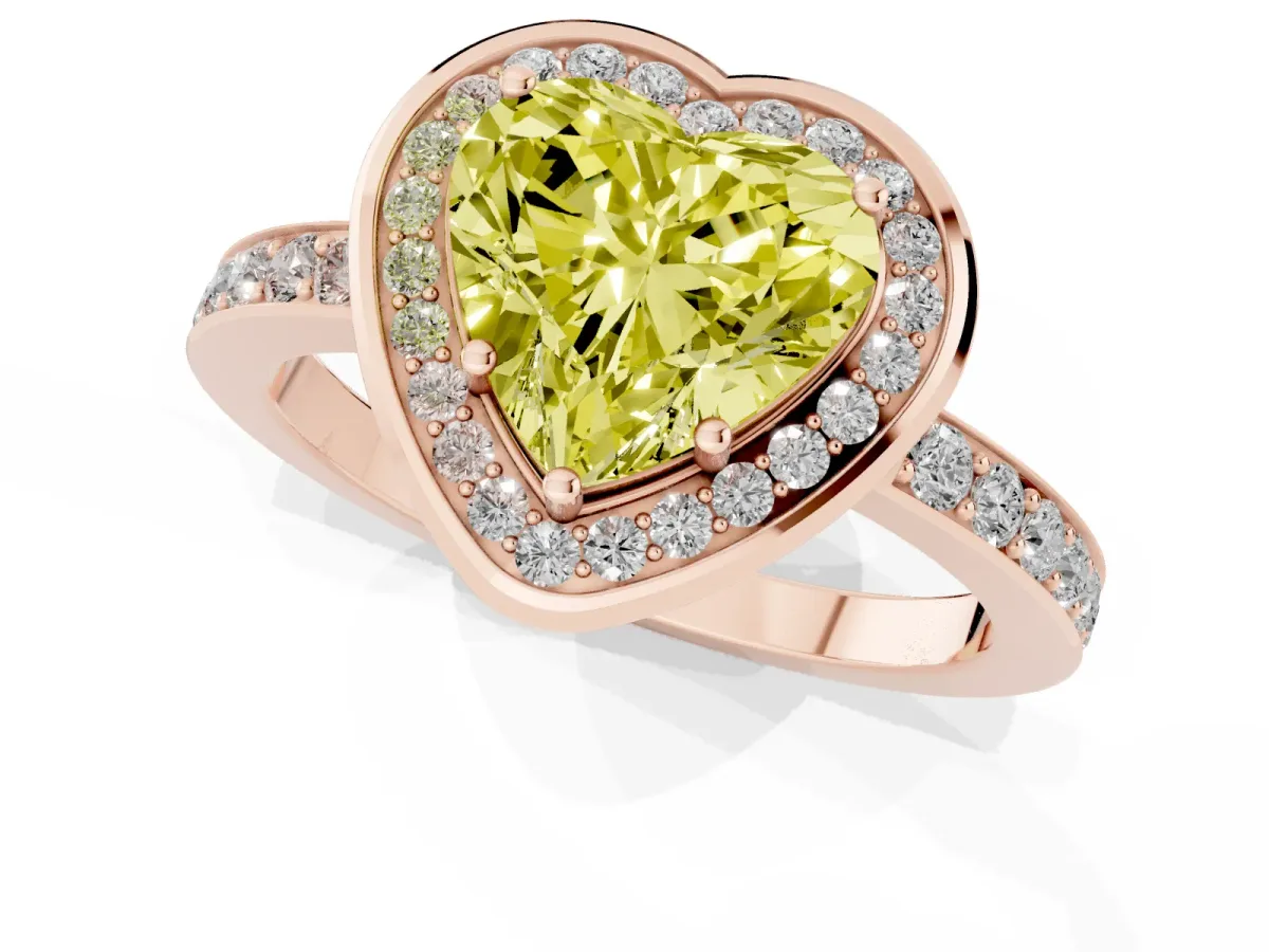 Fancy Yellow Heart Cut Diamond Halo Ring with Bezel Frame and Pavé Band Rose gold