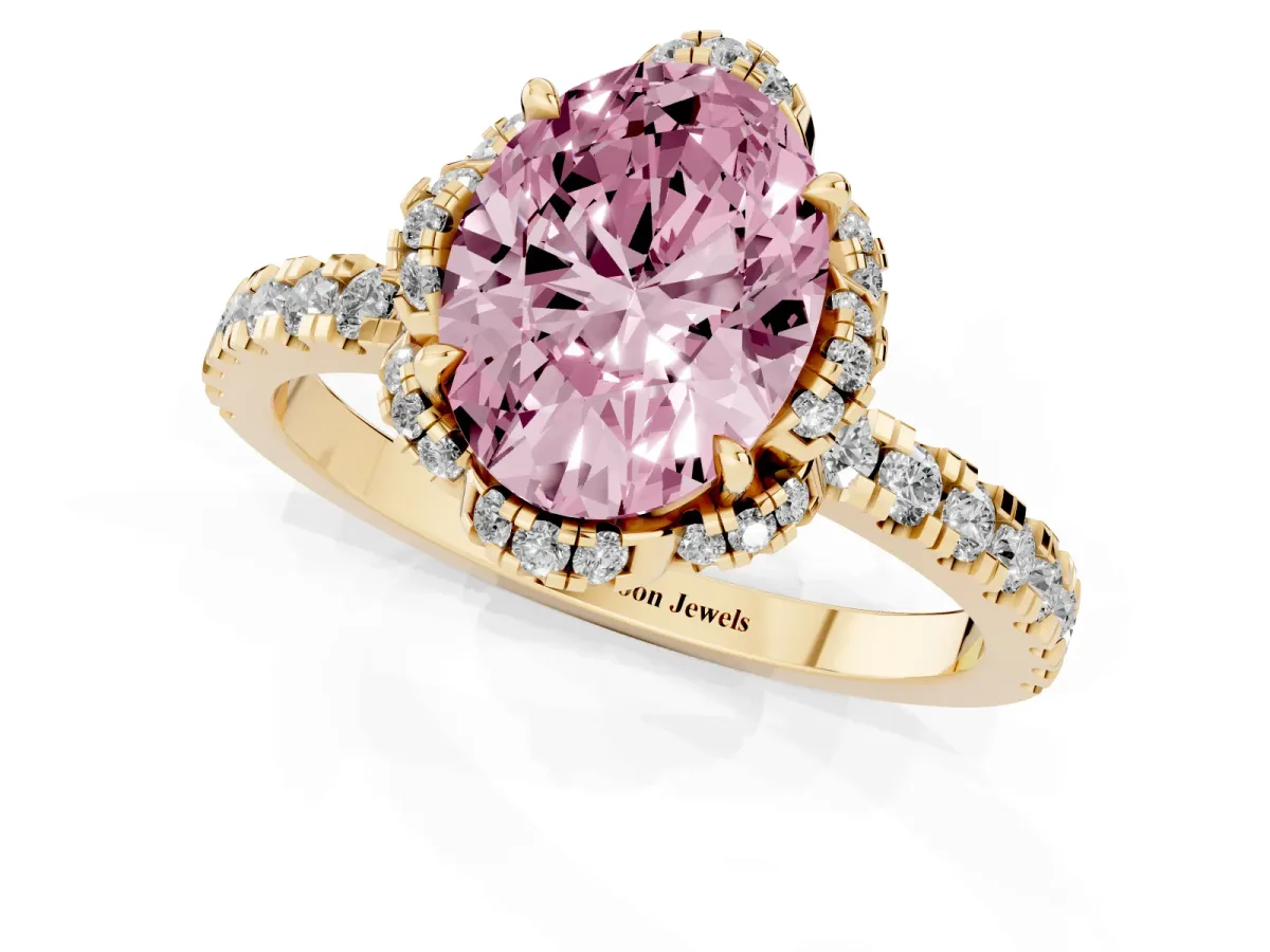 Fancy Pink Oval Cut Diamond Halo Pave Band with Four-Prong Setting Yellow gold