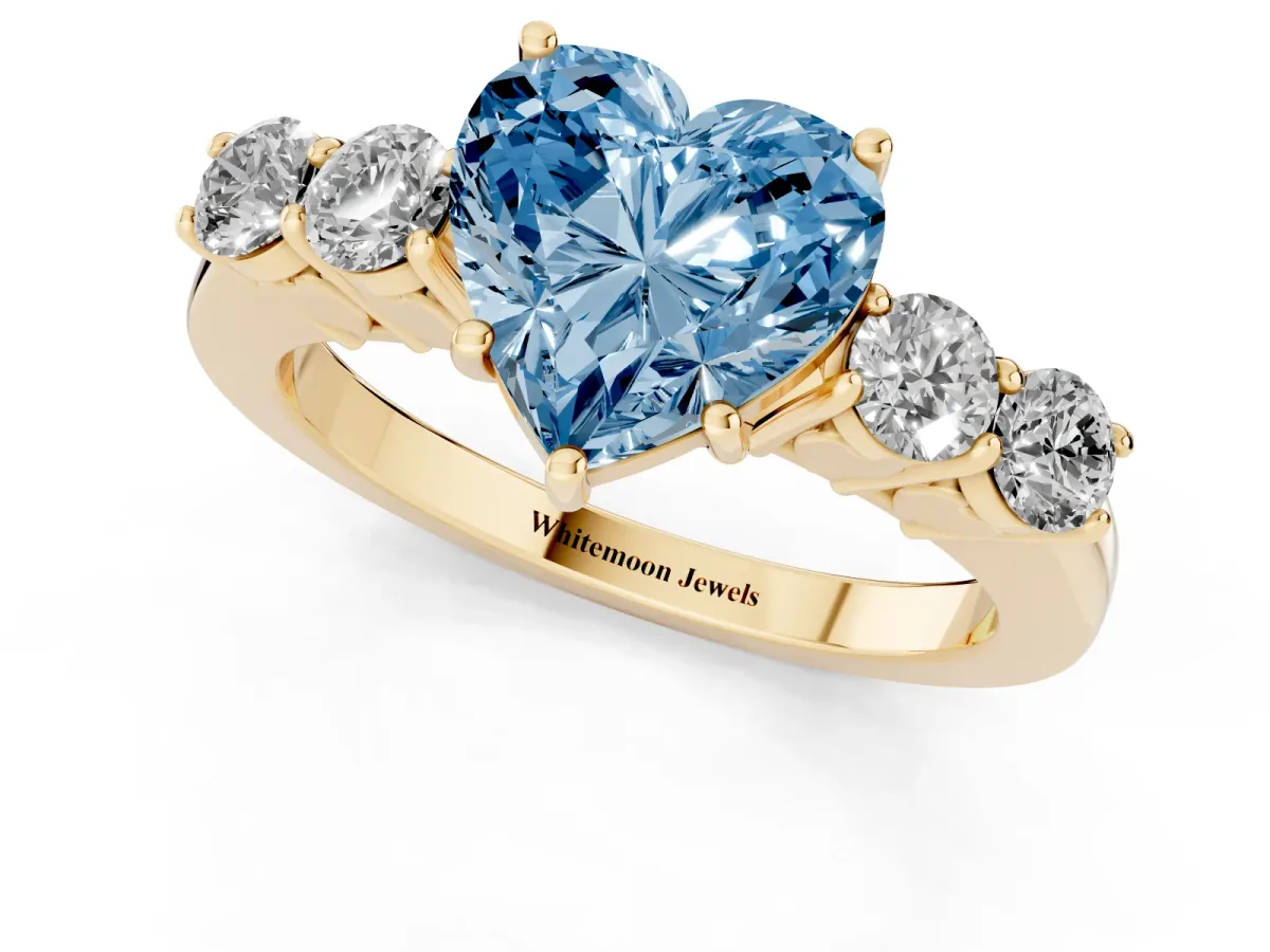 Fancy Blue Heart Cut Cut Diamond Five-Stone Prong Set White Gold Ring Yellow gold
