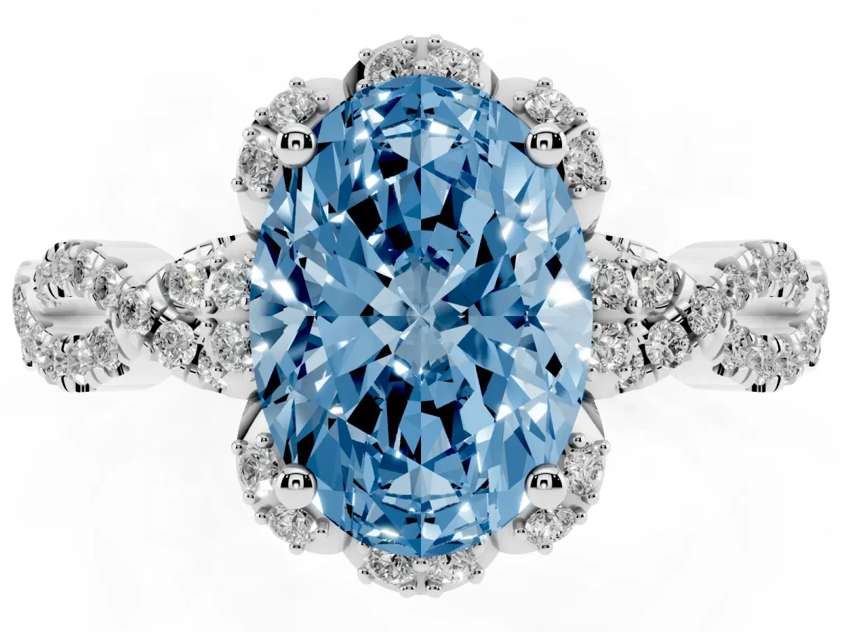 Fancy Blue Oval Cut Halo Twist Band Solitaire Ring with Six-Prong Setting Silver