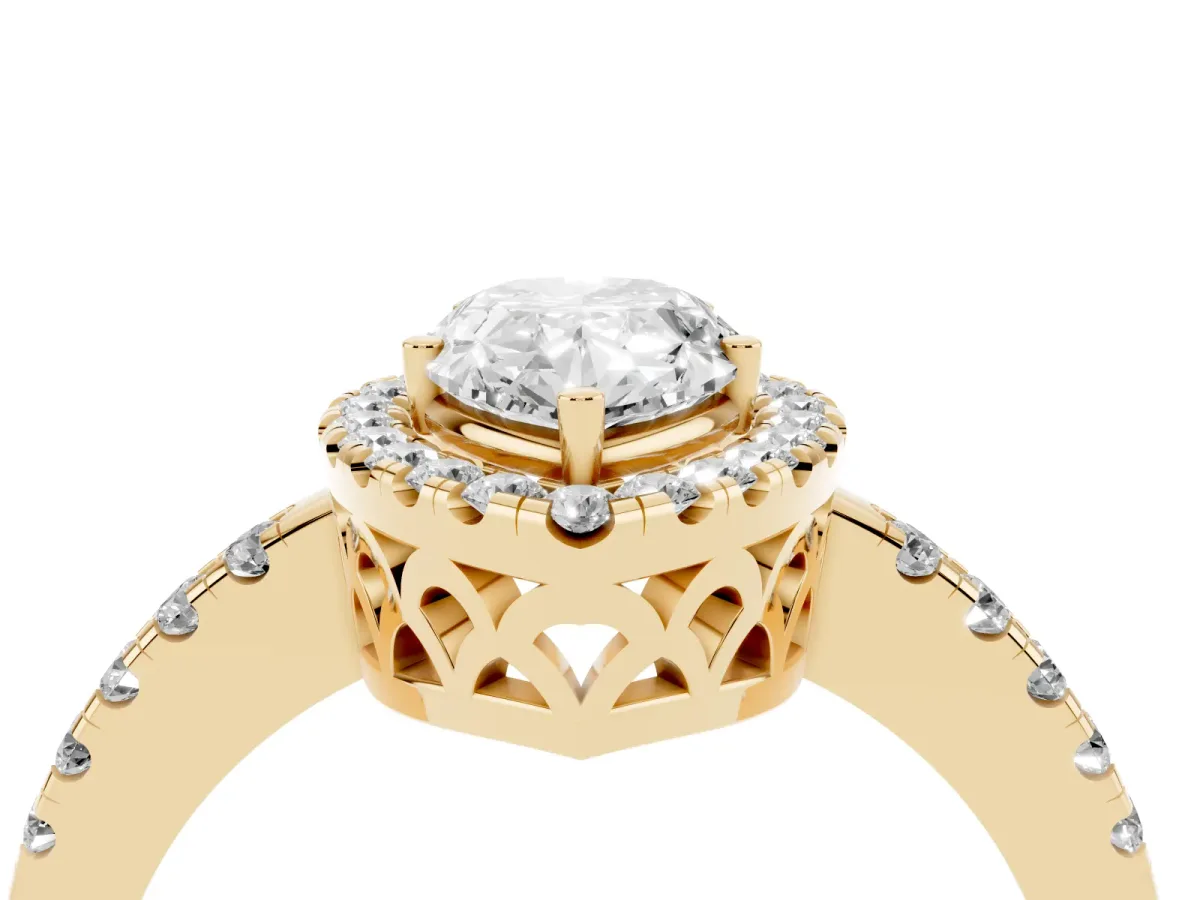 Pear Cut Halo Diamond Engagement Ring with Pavé Band and Four-Prong Setting Yellow gold