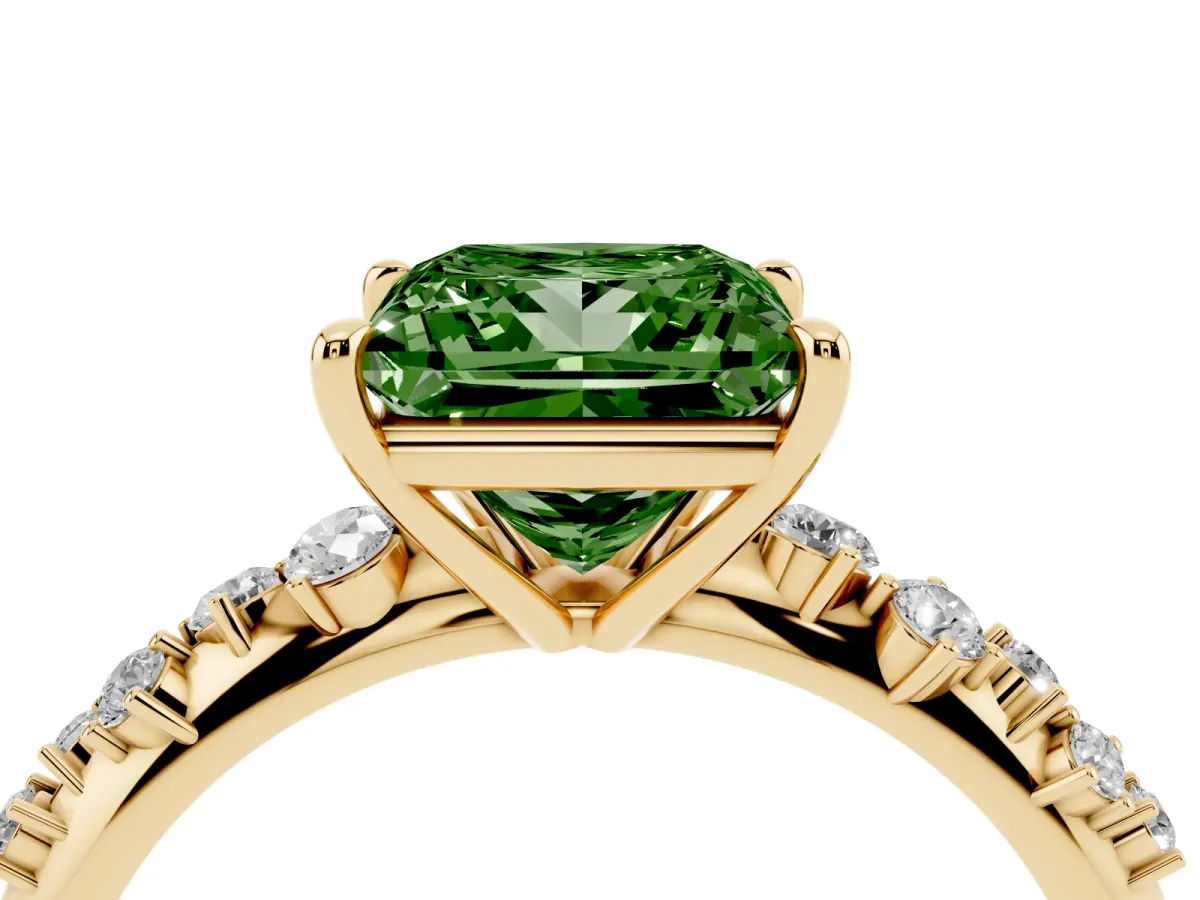 Fancy Green Princess Cut Diamond Cluster Side Stone Solitaire Ring with Prong Setting Yellow gold