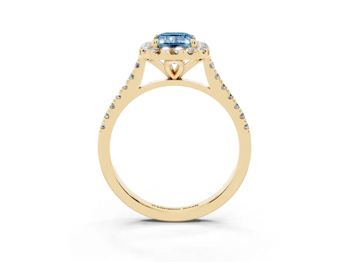 Fancy Blue Emerald Cut Diamond Cushion Halo Ring with Pavé Band Yellow gold