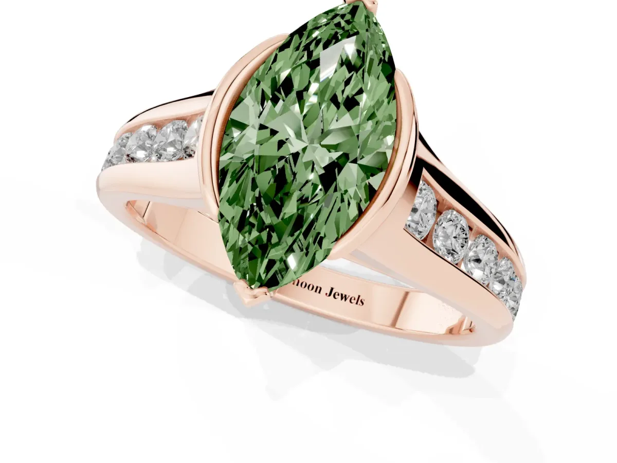 Fancy Green Marquise Cut Solitaire Bezel-Set Diamond Ring with Channel-Set Band Rose gold