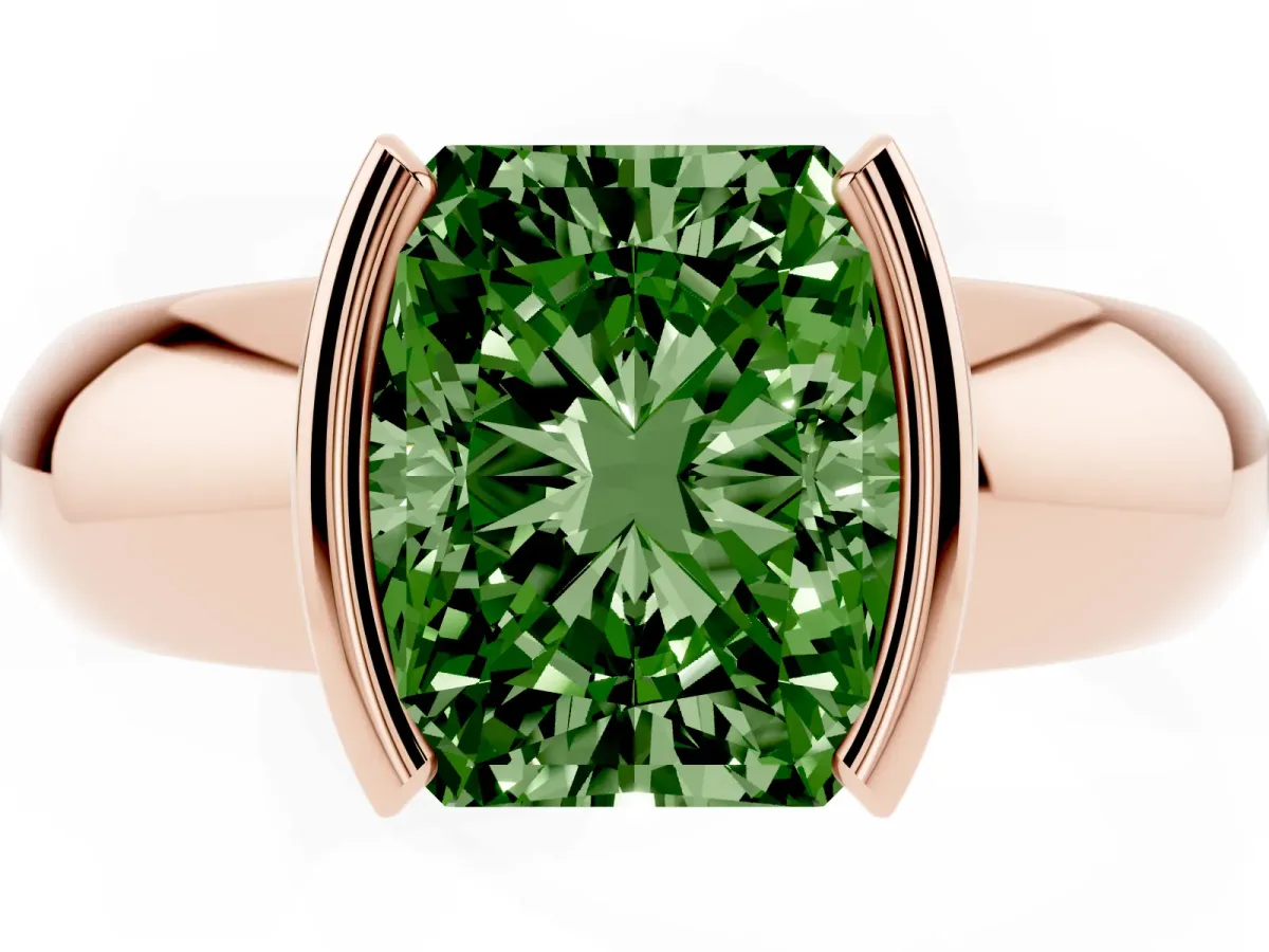 Fancy Green Radiant Cut Solitaire Tension Set Diamond Ring with Wide Band Rose gold