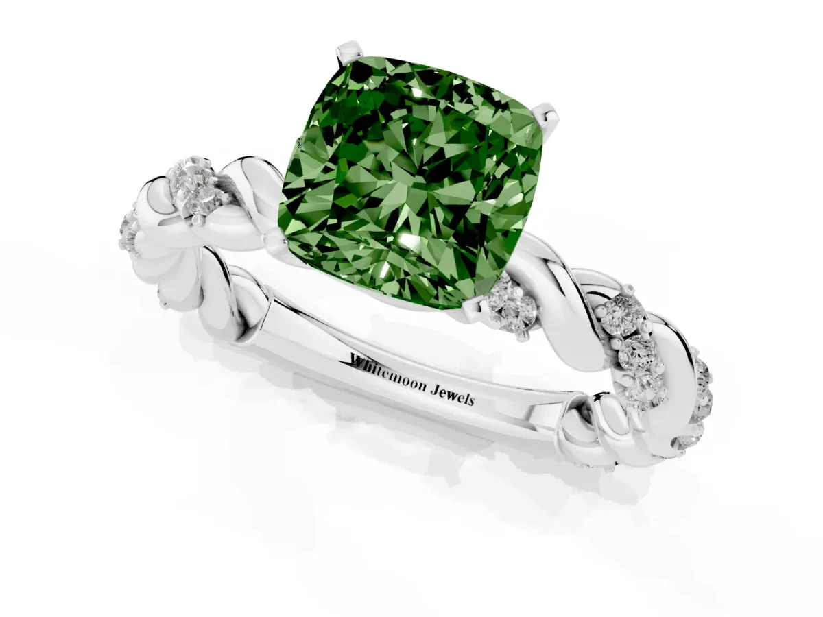 Fancy Green Cushion Cut Diamond Solitaire Ring with Twisted Band and Pavé Accents Silver