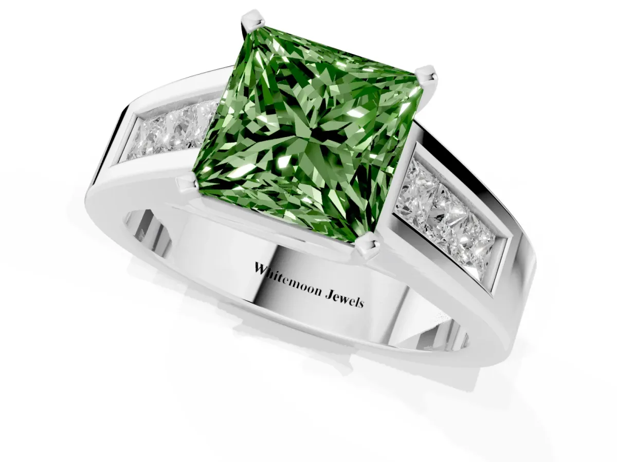 Fancy Green Princess Cut Cut Channel Set Solitaire Ring with Four-Prong Setting Platinum