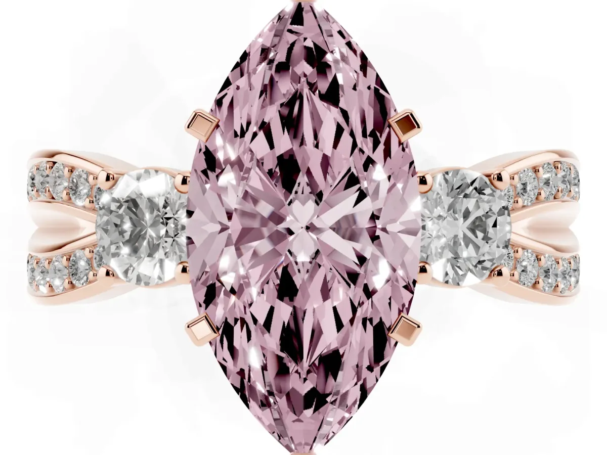 Fancy Pink Three-Stone Marquise Cut Cut Diamond Twist Band with Prong Setting Rose gold
