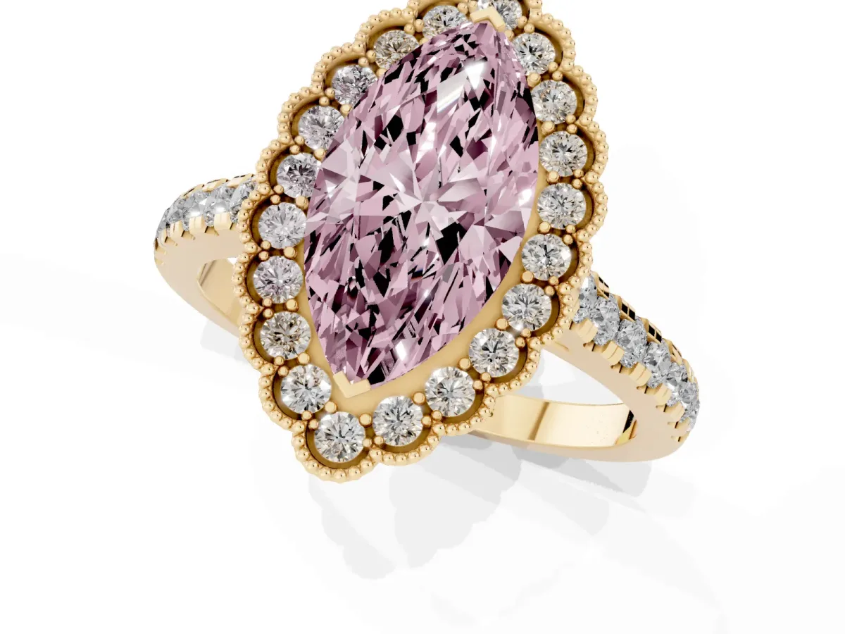 Fancy Pink Marquise Cut Cut Diamond Milgrain Floral Halo Engagement Ring with Pavé Band Yellow gold