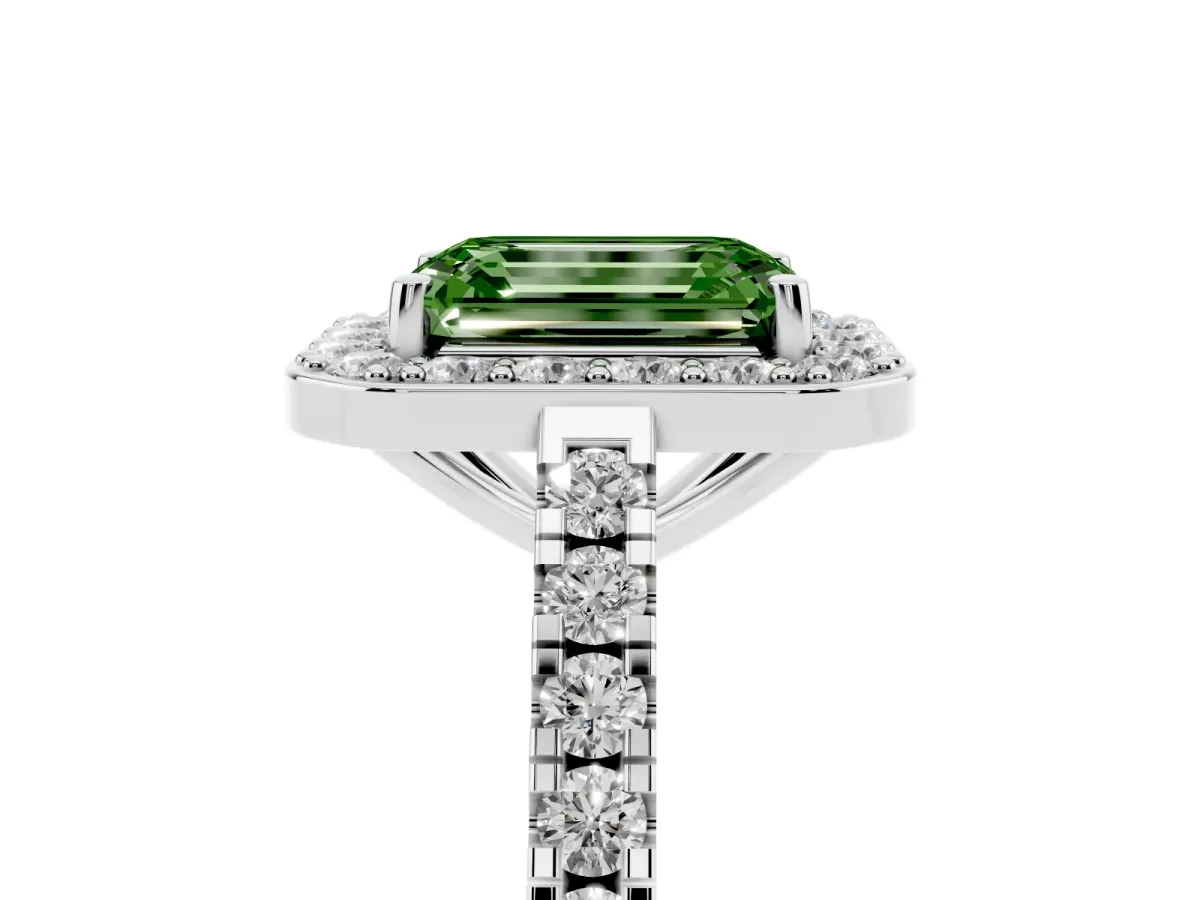 Fancy Green Emerald Cut Diamond Halo Ring with Round Pavé Split Shank and Prong Setting Platinum