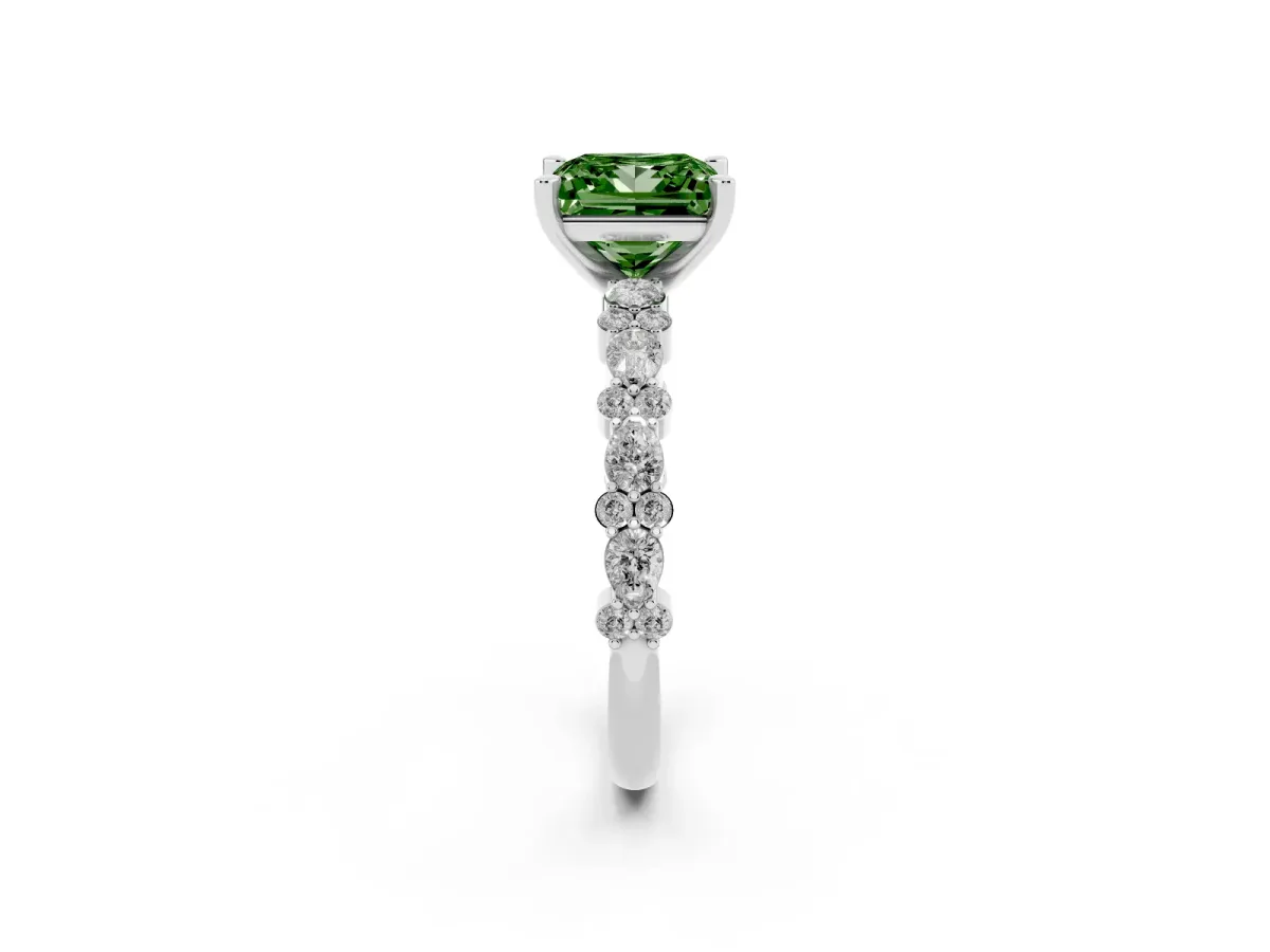 Fancy Green Princess Cut Diamond Side Stone Solitaire Ring with Round and Four-Prong Setting Silver