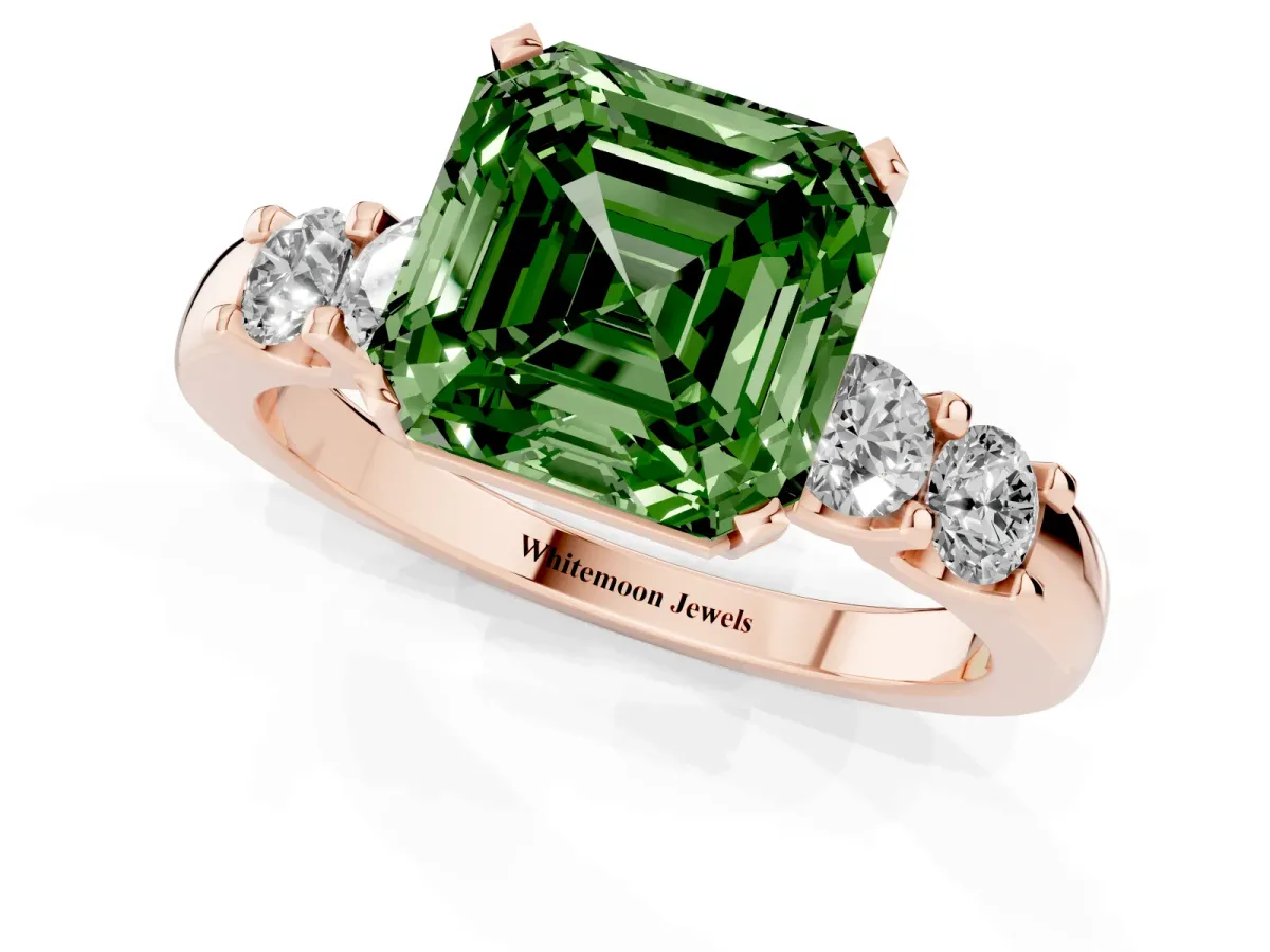Fancy Green Asscher Cut Brilliant Cut Diamond Five-Stone Prong Set Engagement Ring with Channel Band Rose gold