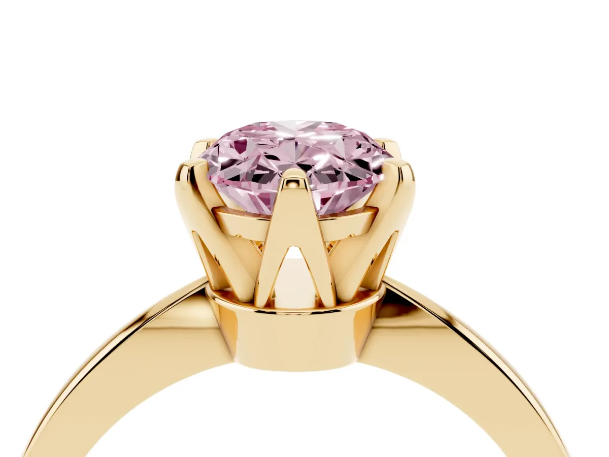 Fancy Pink Oval Cut Solitaire Engagement Ring with Six-Prong Setting and Tapered Band Yellow gold