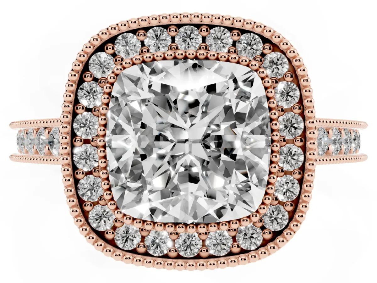 Halo Cushion Cut-Cut Diamond Pave Band Milgrain Prong Setting Ring Rose gold