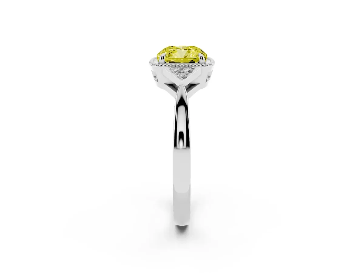 Fancy Yellow Hexagonal Halo Cushion Cut Diamond Solitaire with Pavé Band and Four-Prong Setting White gold