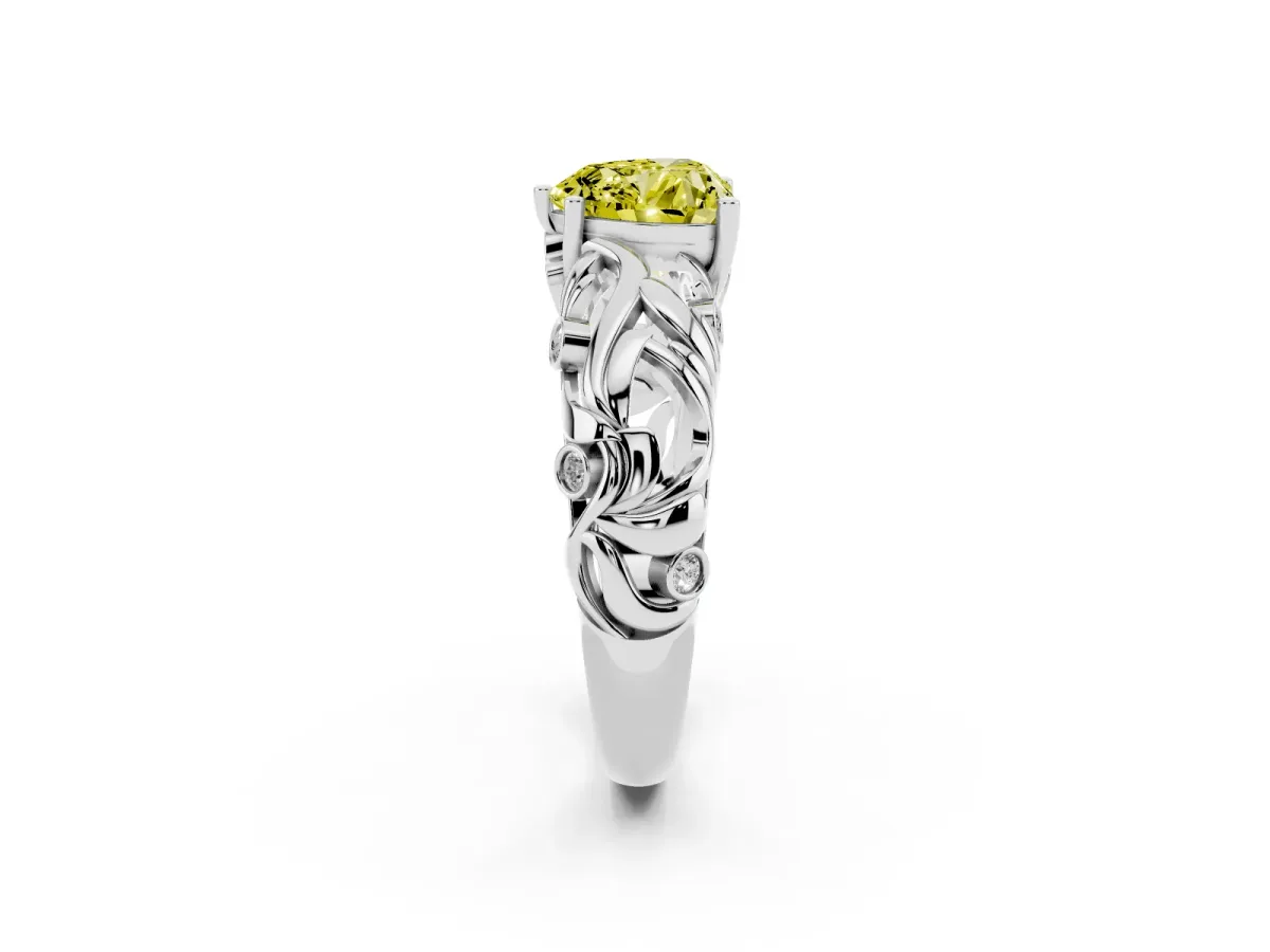 Fancy Yellow Heart Cut Solitaire Diamond Leaf-Inspired Vine Band Ring with Prong Setting Silver