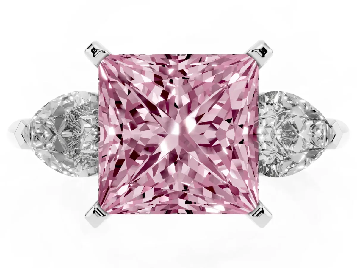 Fancy Pink Three-Stone Princess Cut Diamond Ring with Pear Side Stones and Four-Prong Setting Silver