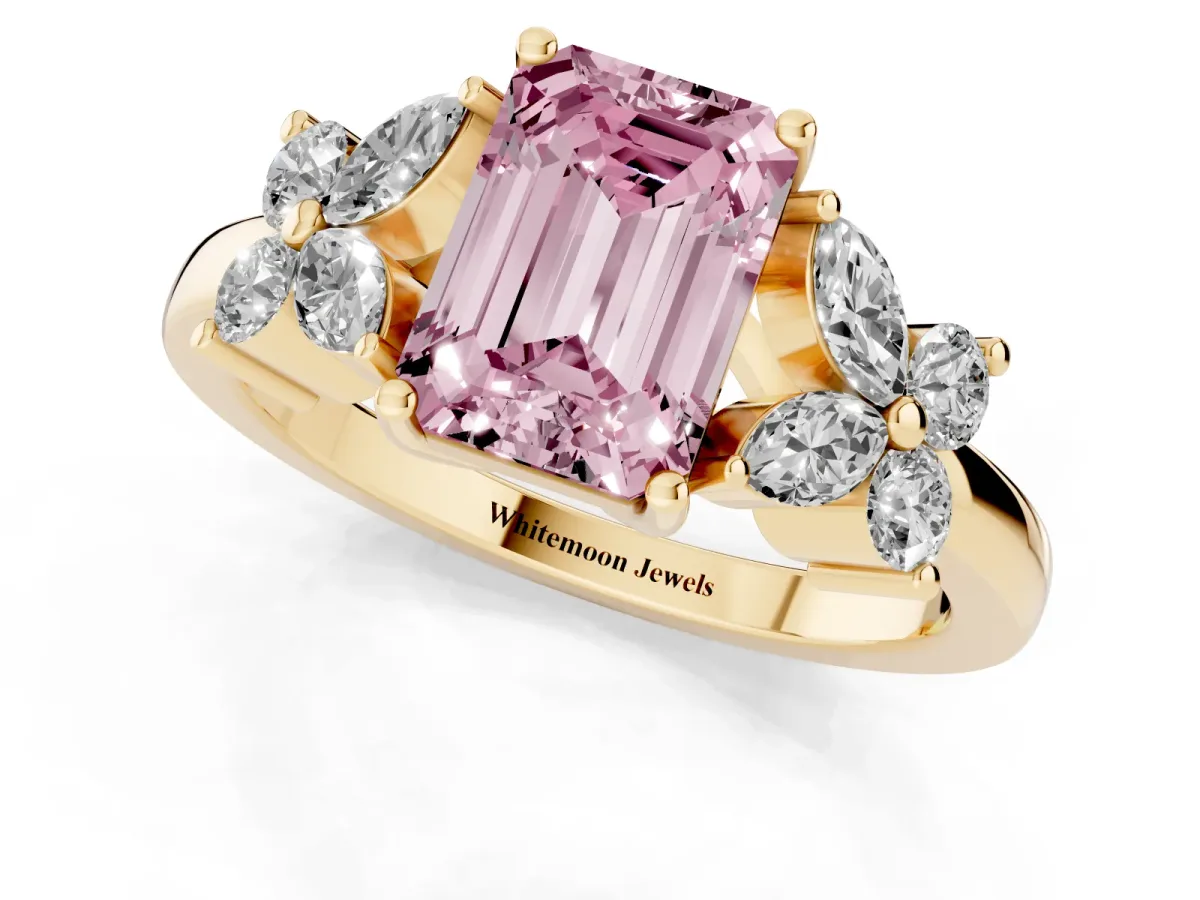 Fancy Pink Emerald Cut Diamond Floral Cluster Ring with Solitaire Band and Prong Setting Yellow gold