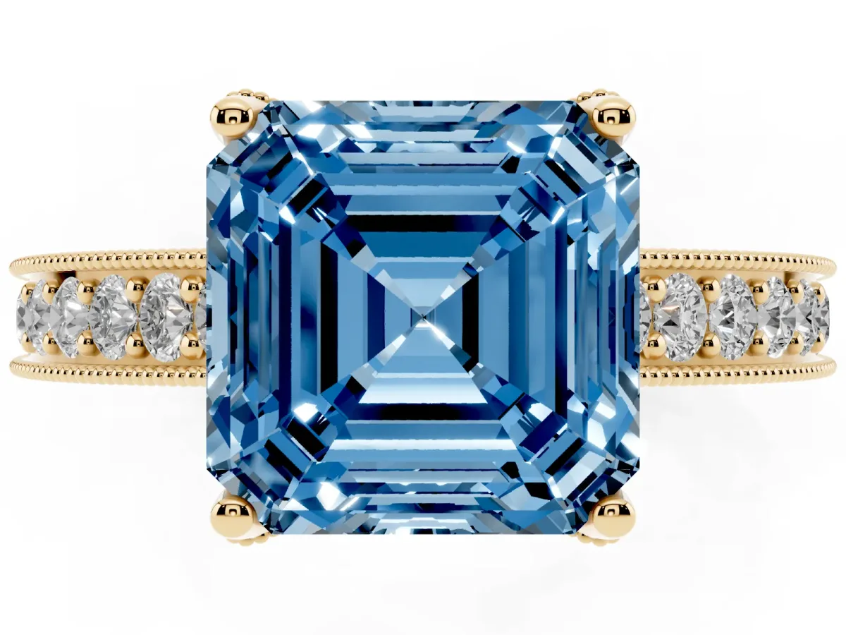 Fancy Blue Asscher Cut Cut Diamond Solitaire Ring with Milgrain Pave Band and Four Prong Setting Yellow gold