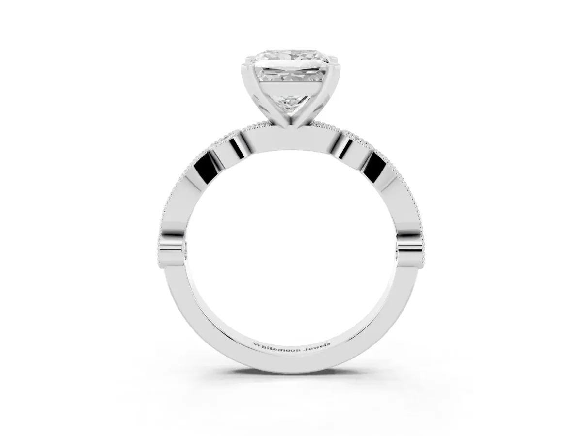 Princess Cut Milgrain Bezel Diamond Engagement Ring with Solitaire Prong Setting Silver