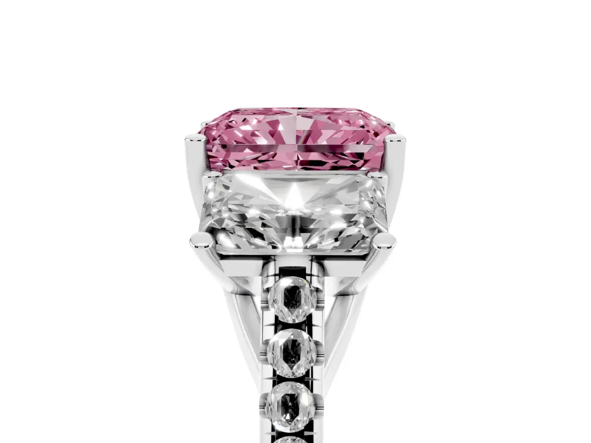 Fancy Pink Three-Stone Radiant Cut Diamond Ring with Round Pavé Band and Prong Setting Silver