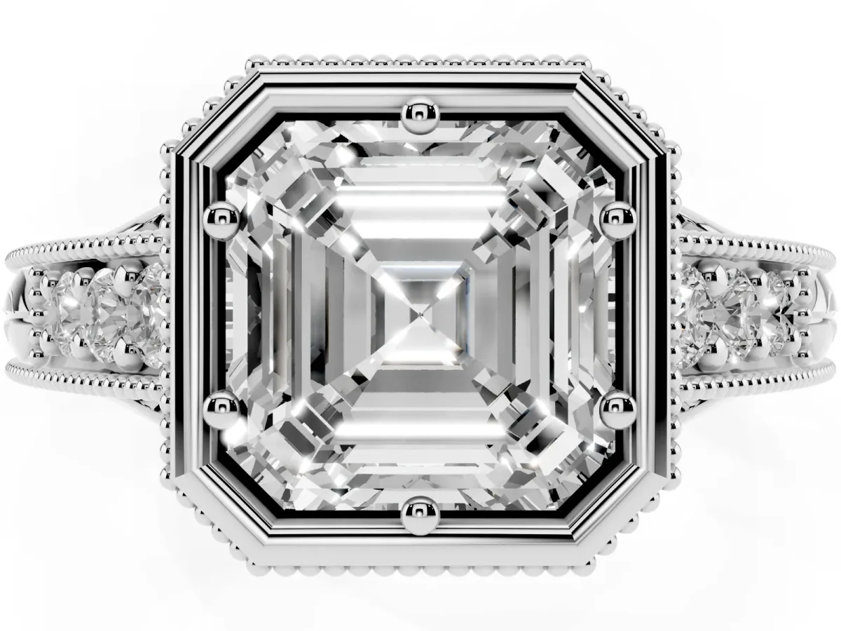 Bezel Set Asscher Cut Diamond Milgrain Pave Engagement Ring White gold