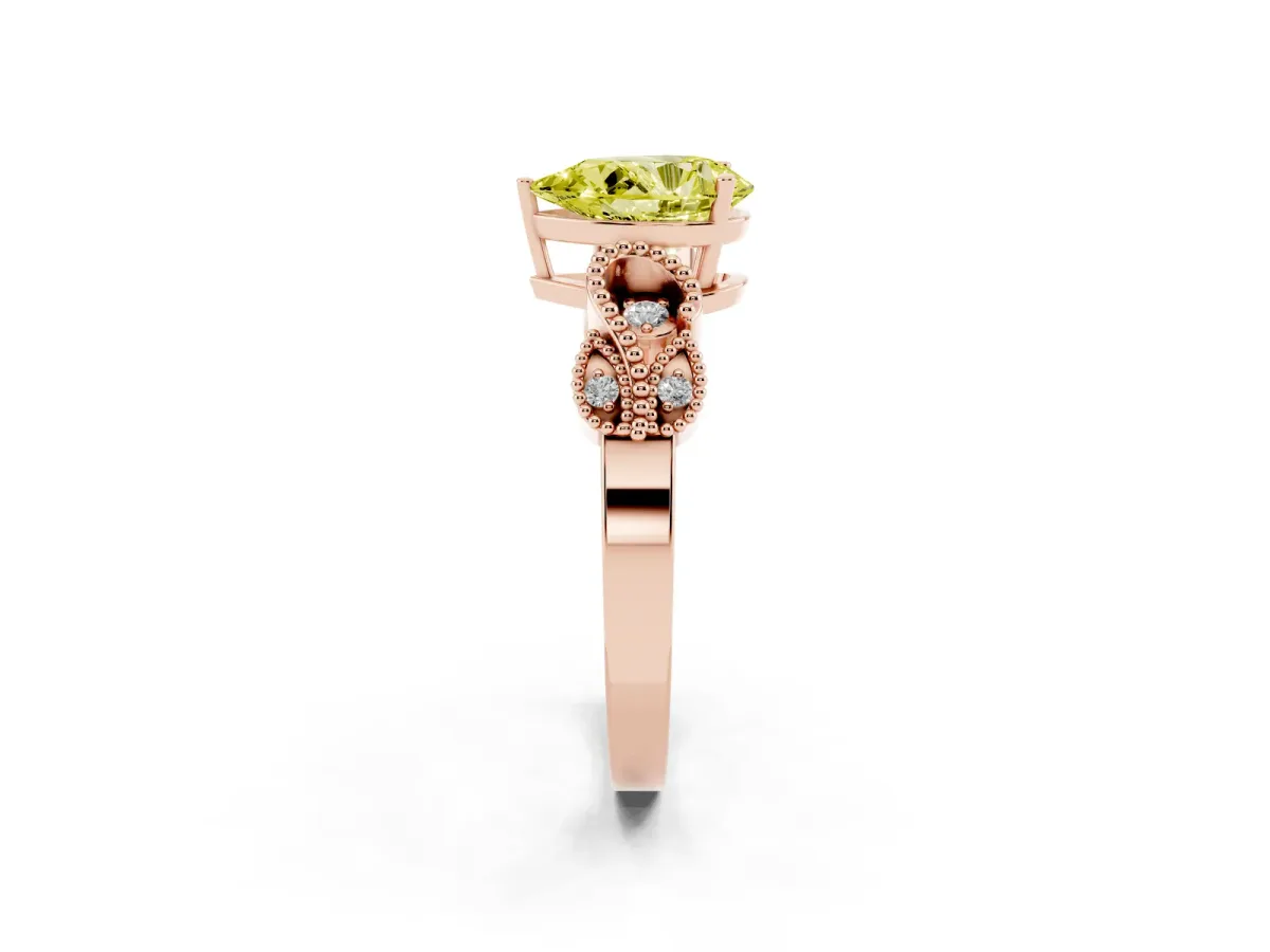 Fancy Yellow Pear Cut Solitaire Milgrain Leaf Band with Prong Setting Rose gold