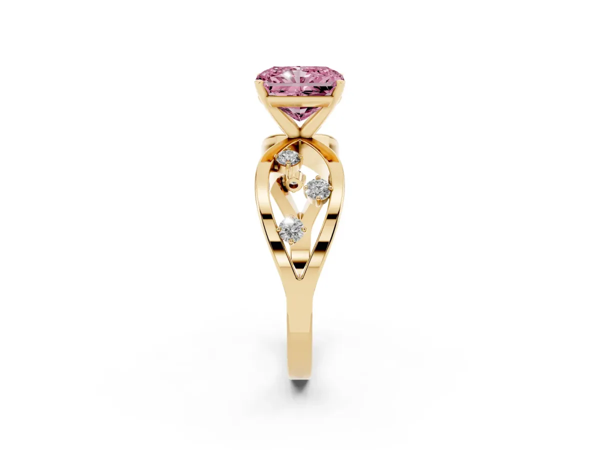Fancy Pink Radiant Cut Cut Solitaire Diamond with Side Stones on Criss-Cross Band and Four-Prong Setting Yellow gold