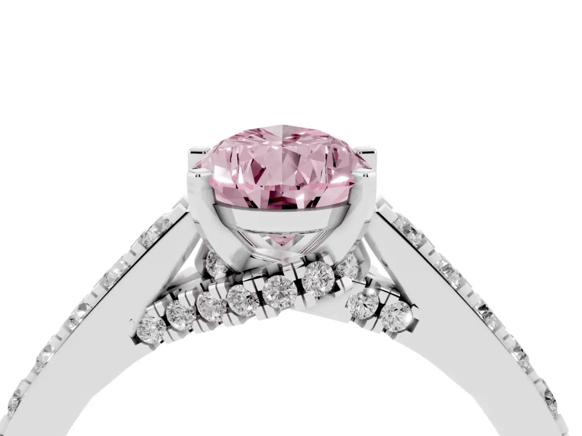 Fancy Pink Pear Cut Diamond Solitaire Ring with Crossover Gallery and Round Pavé Band Platinum