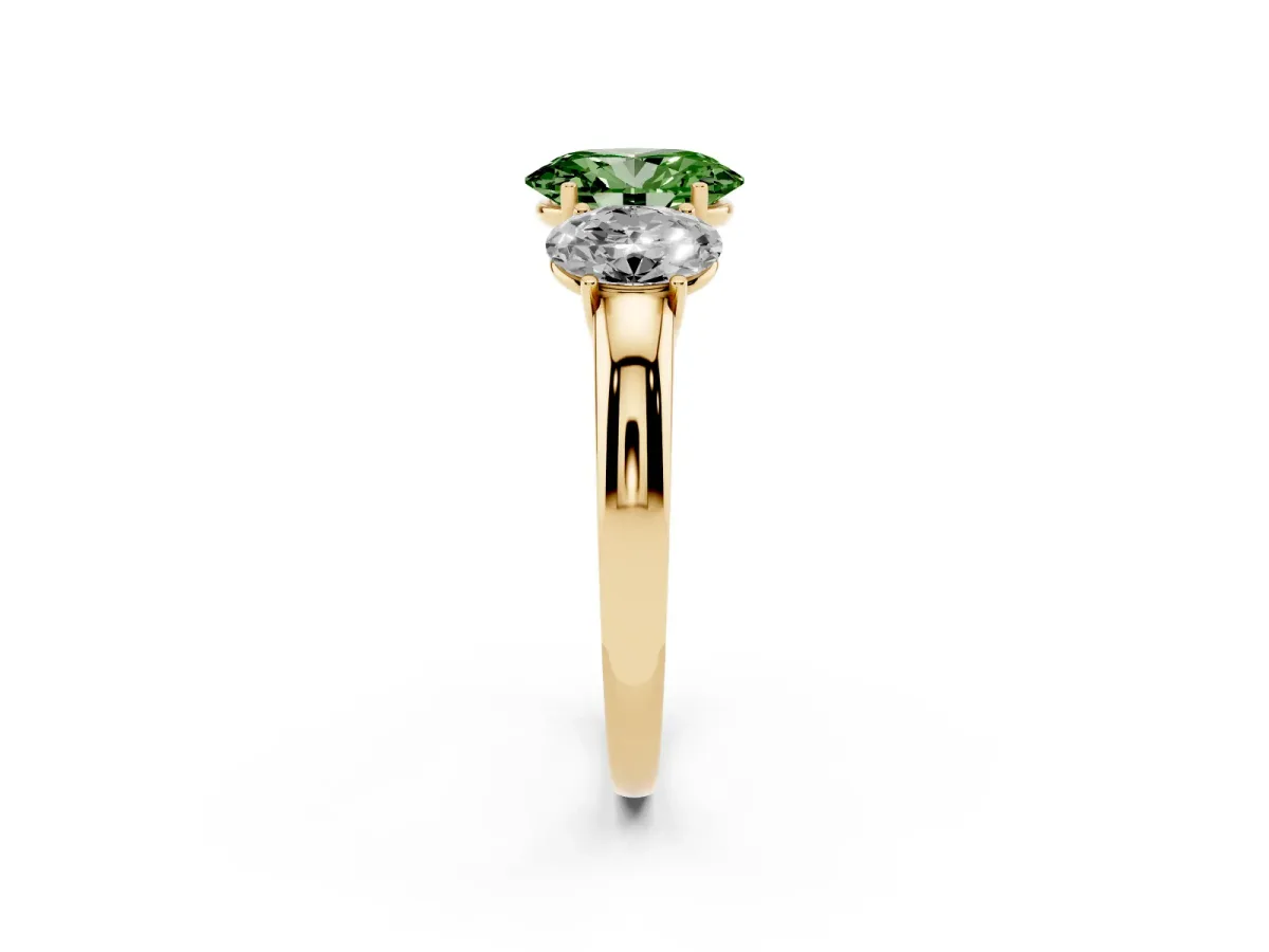 Fancy Green Oval Cut Diamond Three-Stone Ring with Four-Prong Setting and Classic Band Yellow gold