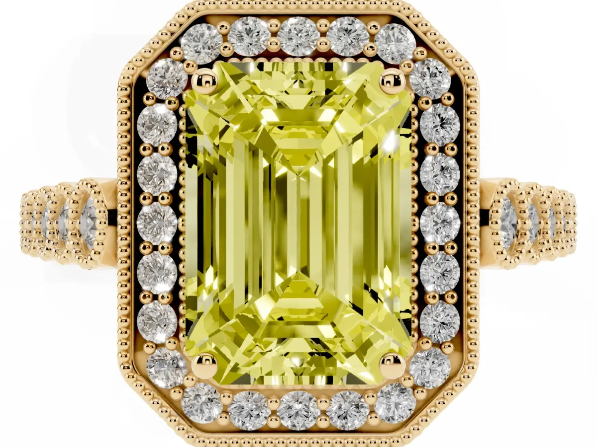 Fancy Yellow Emerald Cut Halo Milgrain Solitaire with Bezel Set Side Stones and Pave Band Yellow gold