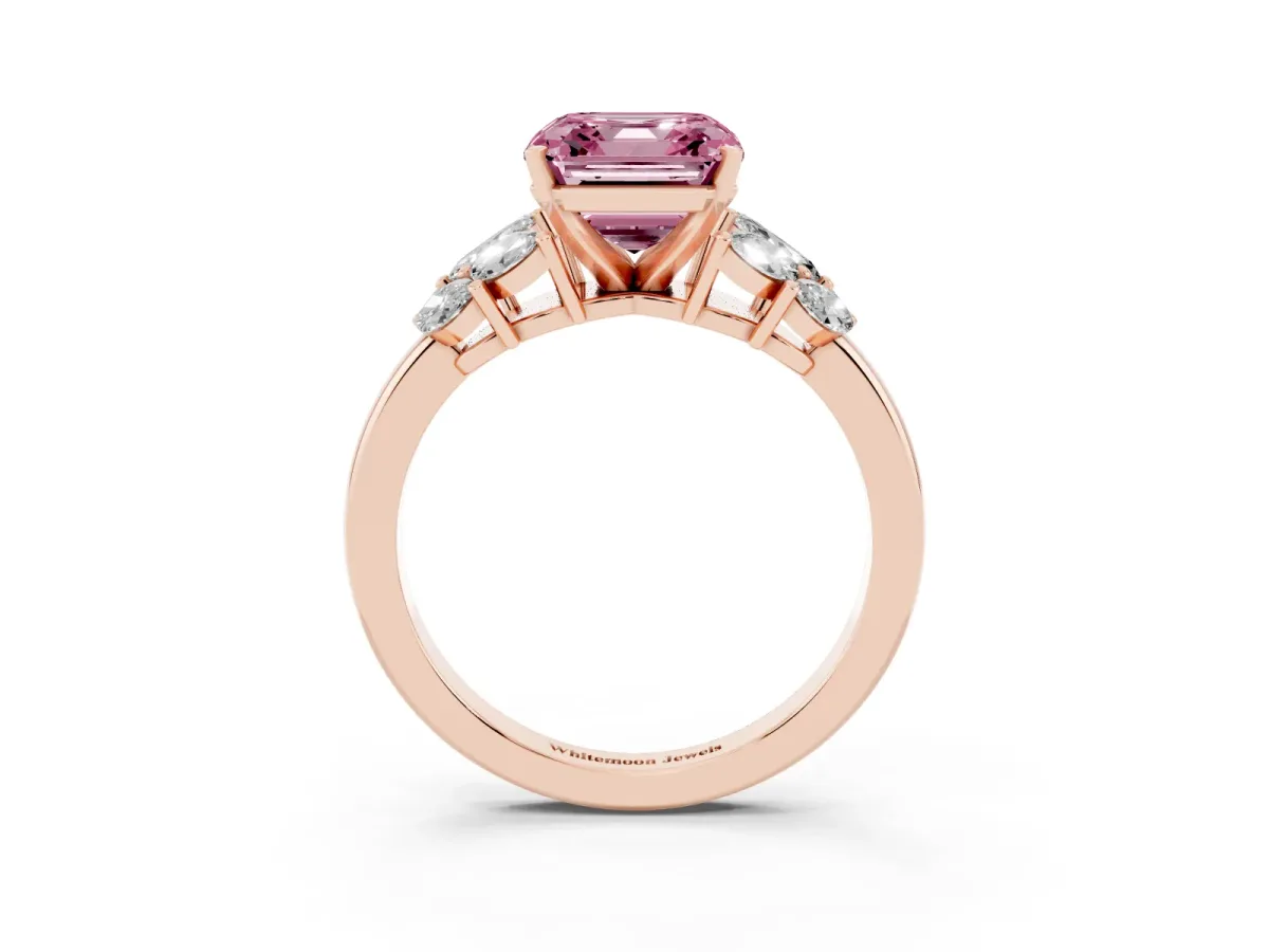 Fancy Pink Asscher Cut Diamond Cluster Leaf Design Ring with Prong Setting Rose gold