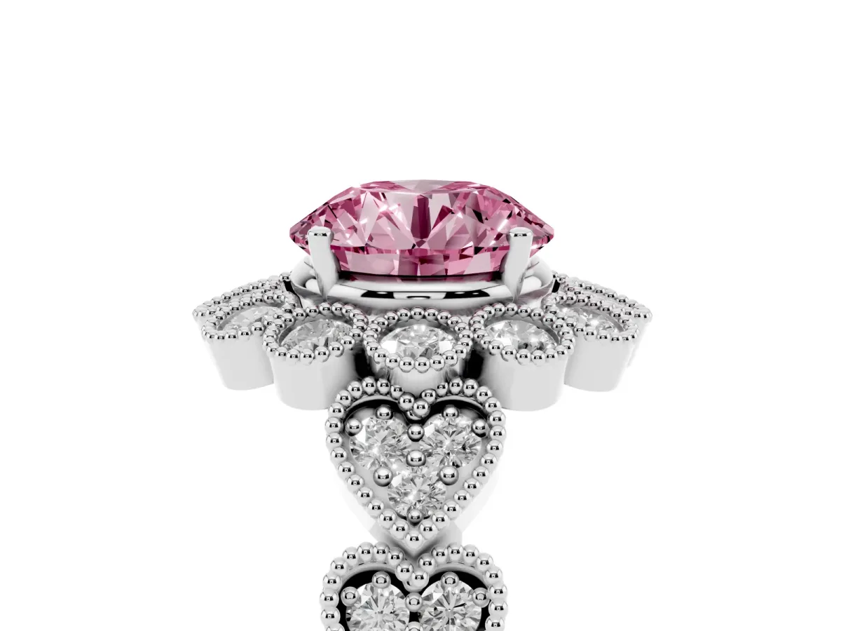 Fancy Pink Round Cut Brilliant Milgrain Pave Heart Band Solitaire Ring Platinum