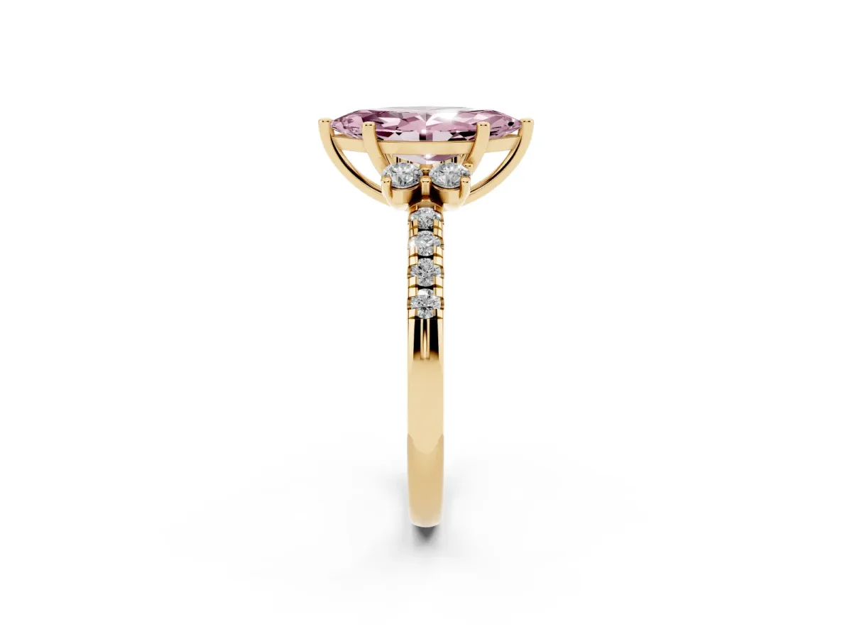 Fancy Pink Marquise Cut Diamond Three-Stone Pave Band with Four-Prong Setting Yellow gold
