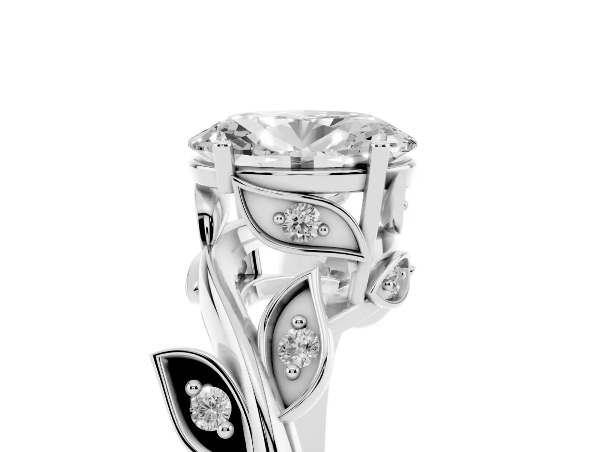 Oval Cut Solitaire Twist Engagement Ring with Leaf Accents and Prong Setting Silver