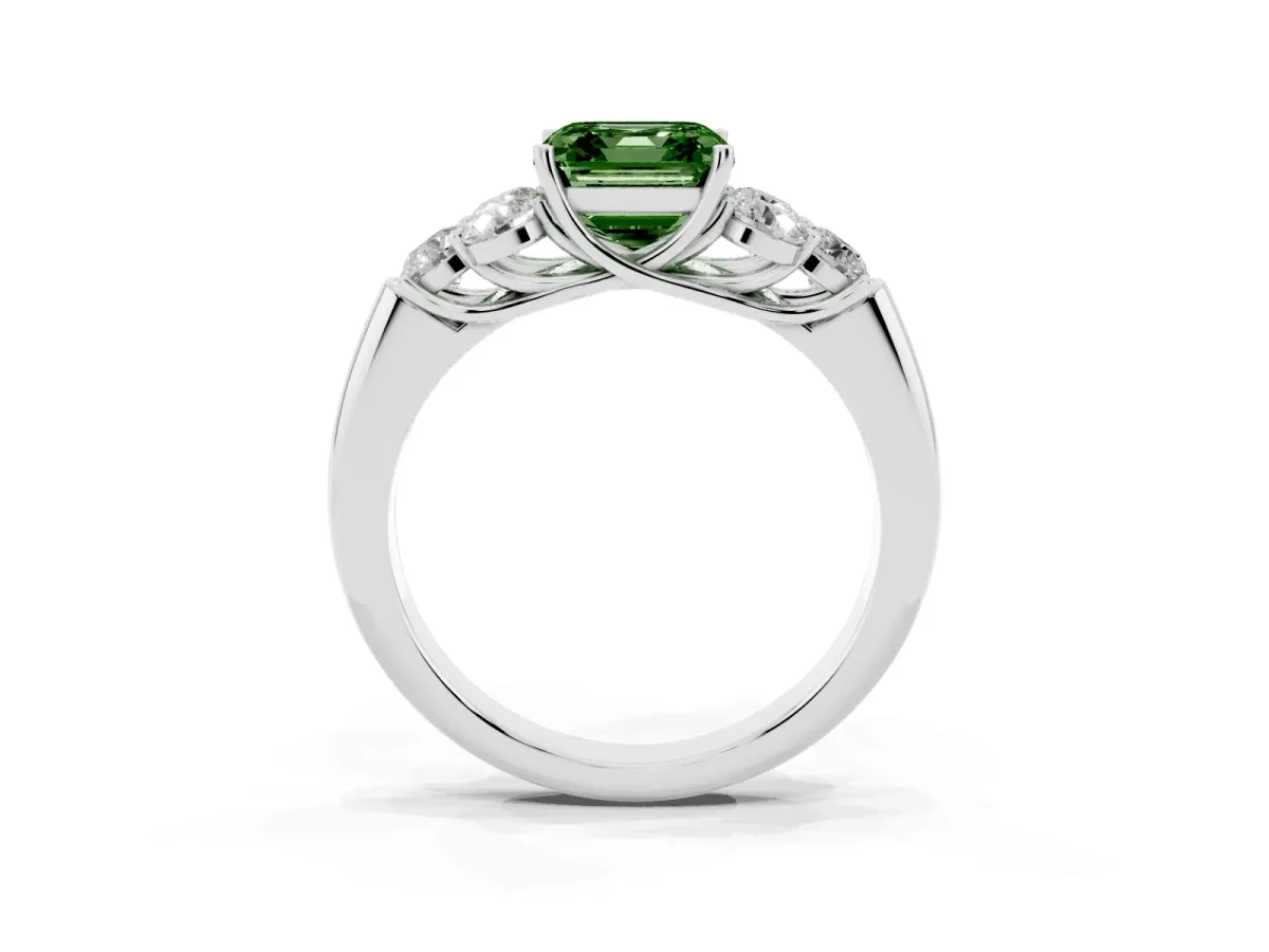 Fancy Green Asscher Cut Cut Diamond Cluster Ring with Round Accent Stones and Prong Setting on a Classic Band Silver