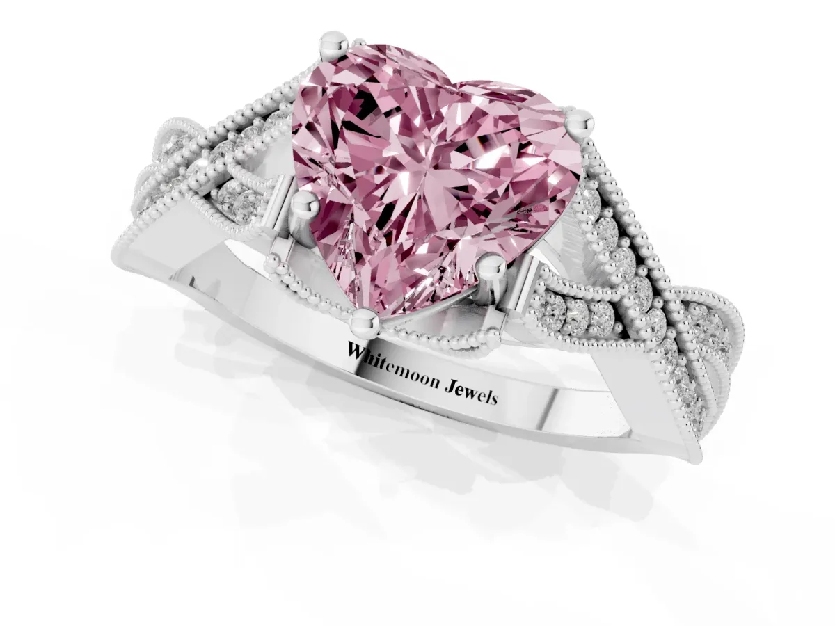 Fancy Pink Heart Cut Cut Diamond Twisted Band with Milgrain Pave Setting and Four-Prong Setting Silver
