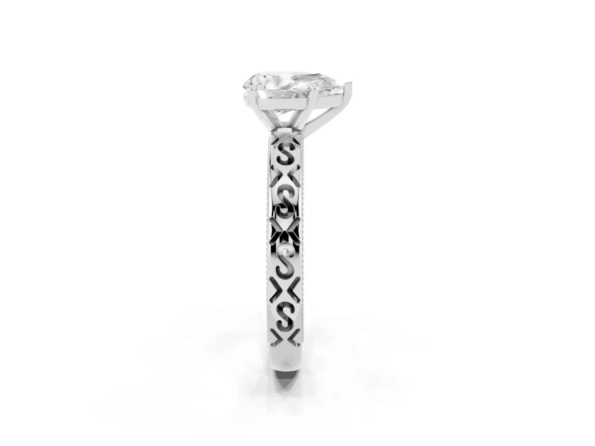 Pear Cut Solitaire Engagement Ring with Scrollwork Band and Four-Prong Setting White gold