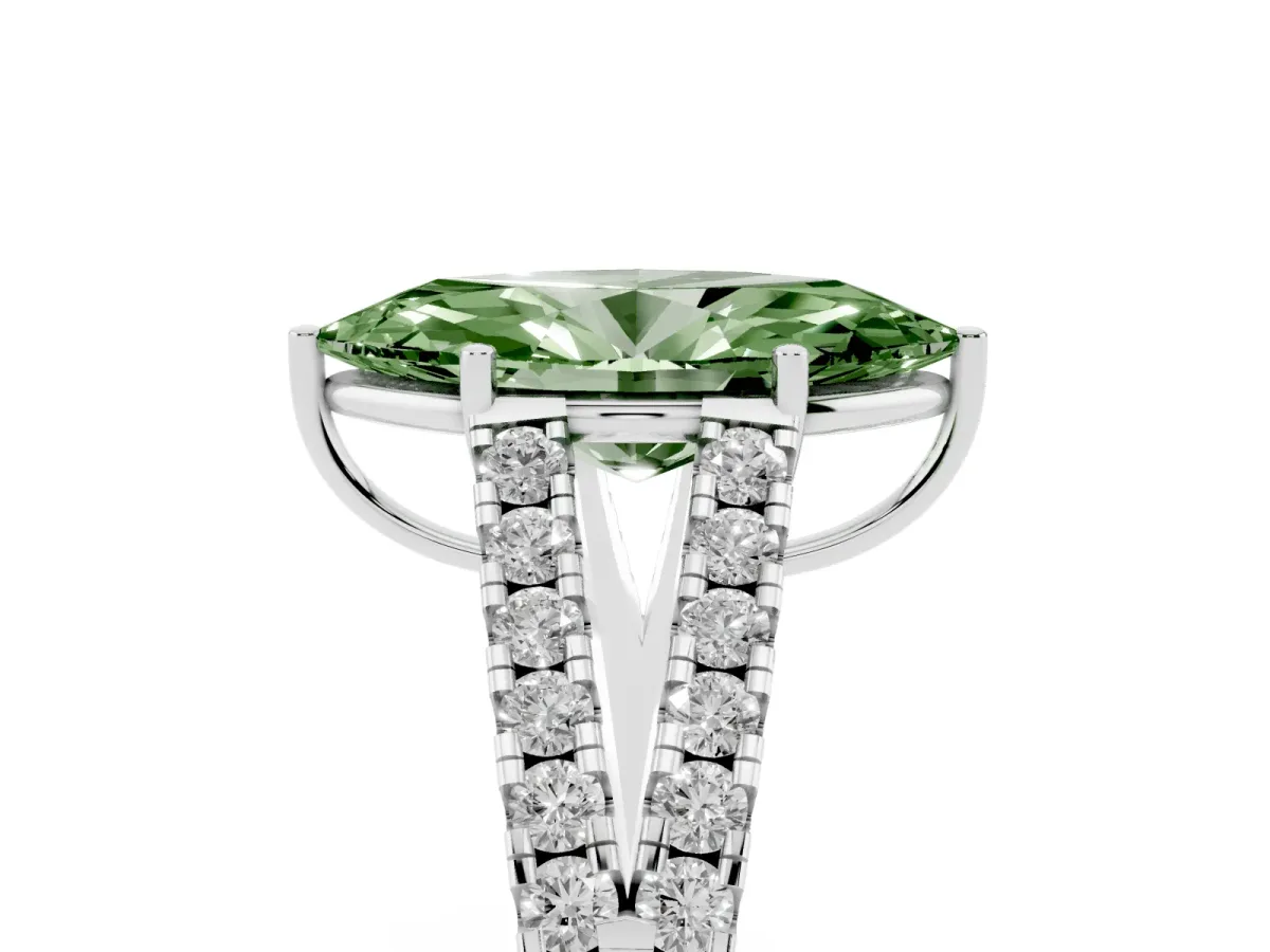 Fancy Green Marquise Cut Diamond Split Shank Engagement Ring with Round Pavé and Prong Setting Silver