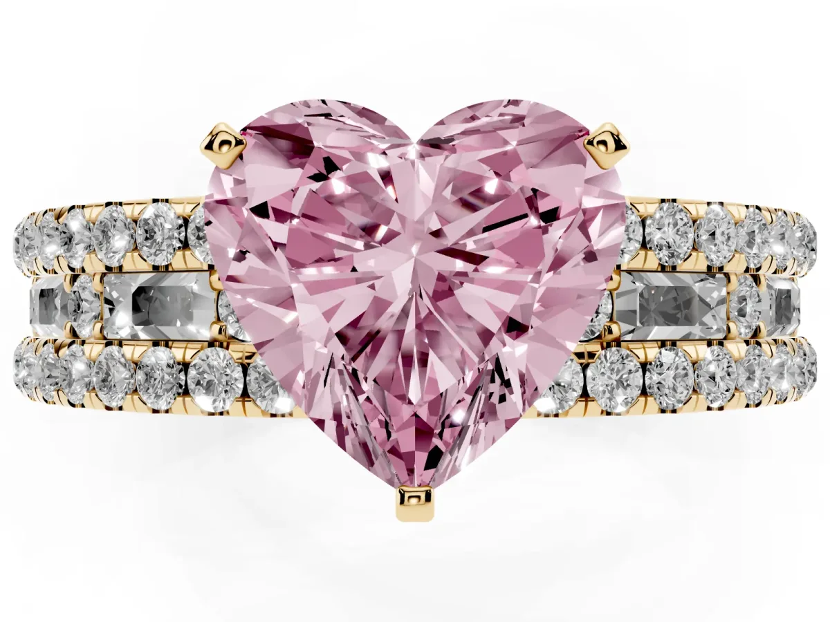 Fancy Pink Heart Cut Diamond Solitaire Ring with Pavé and Channel Set Band Yellow gold