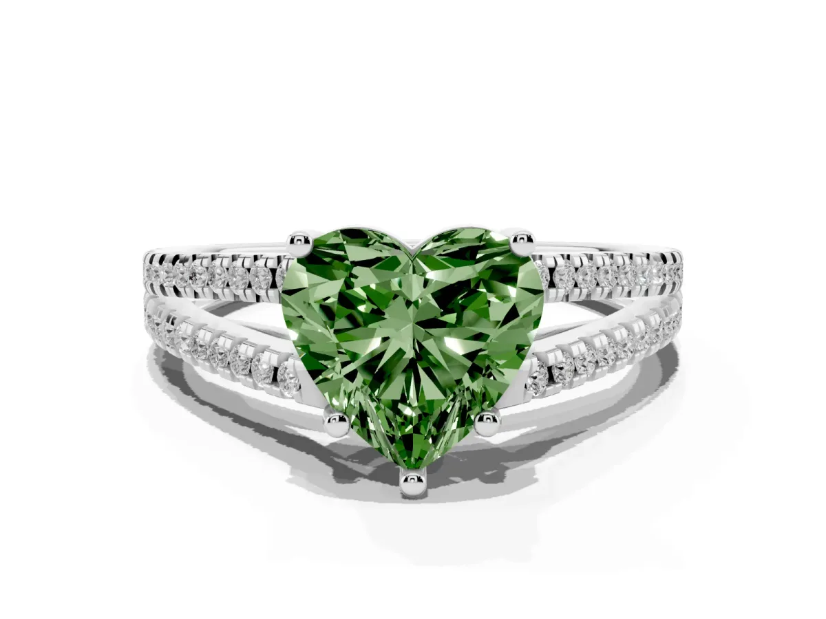 Fancy Green Heart Cut Diamond Solitaire Engagement Ring with Split Shank Pavé Band Silver